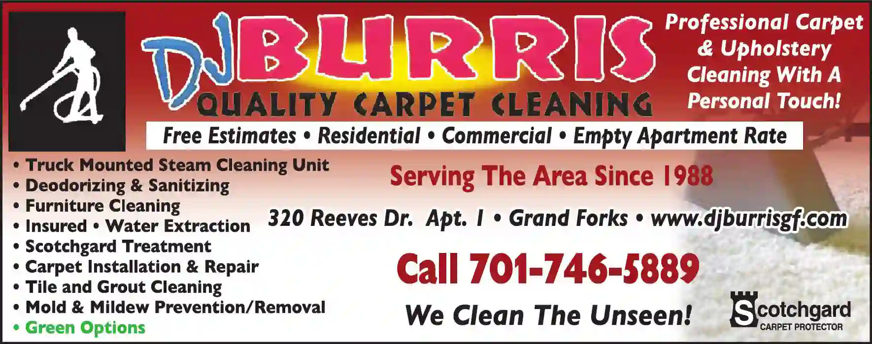 Carpet Rug & Upholstery Cleaners print ad for Burris DJ Quality Carpet Cleaning