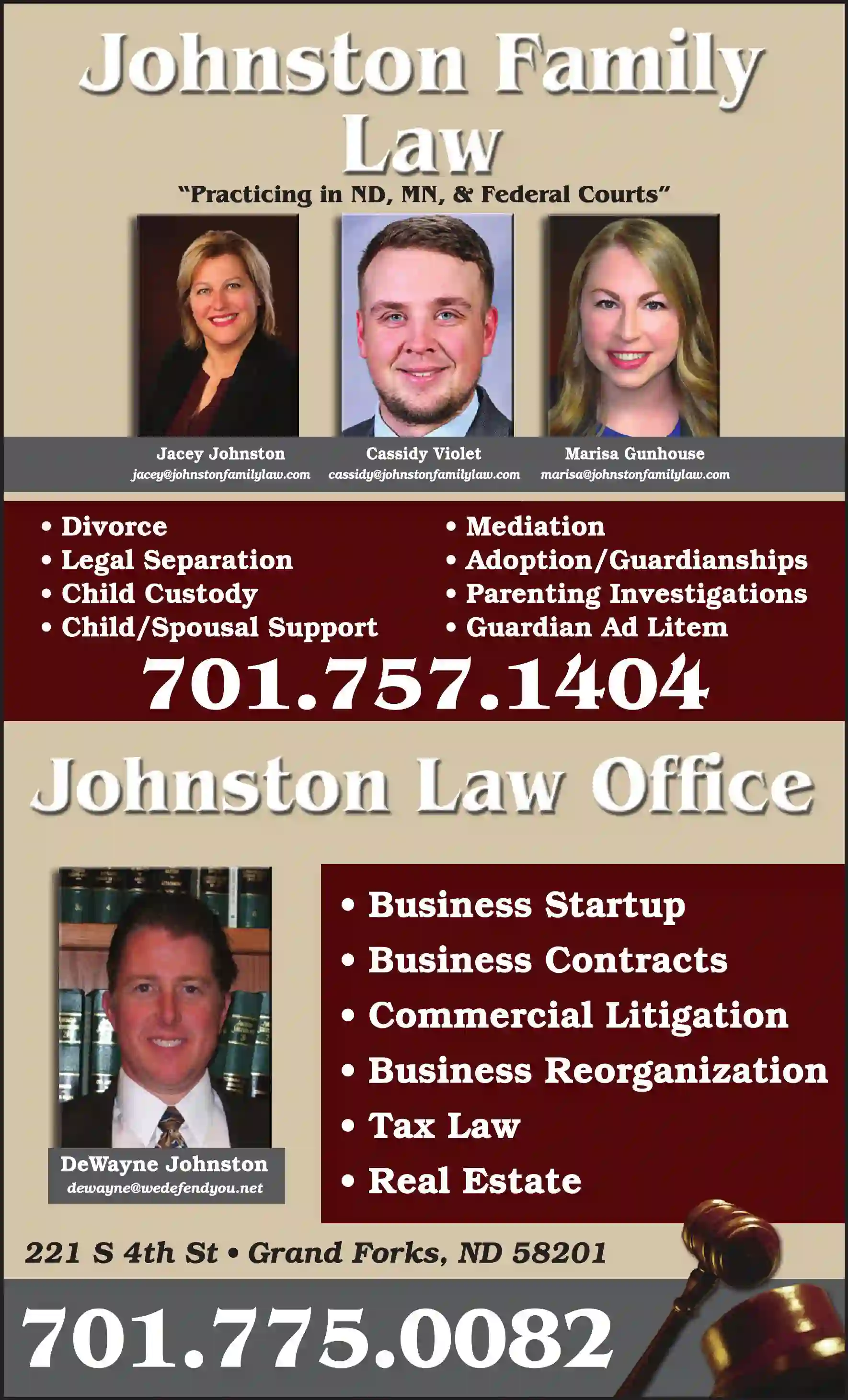 Attorneys print ad for Johnston Family Law