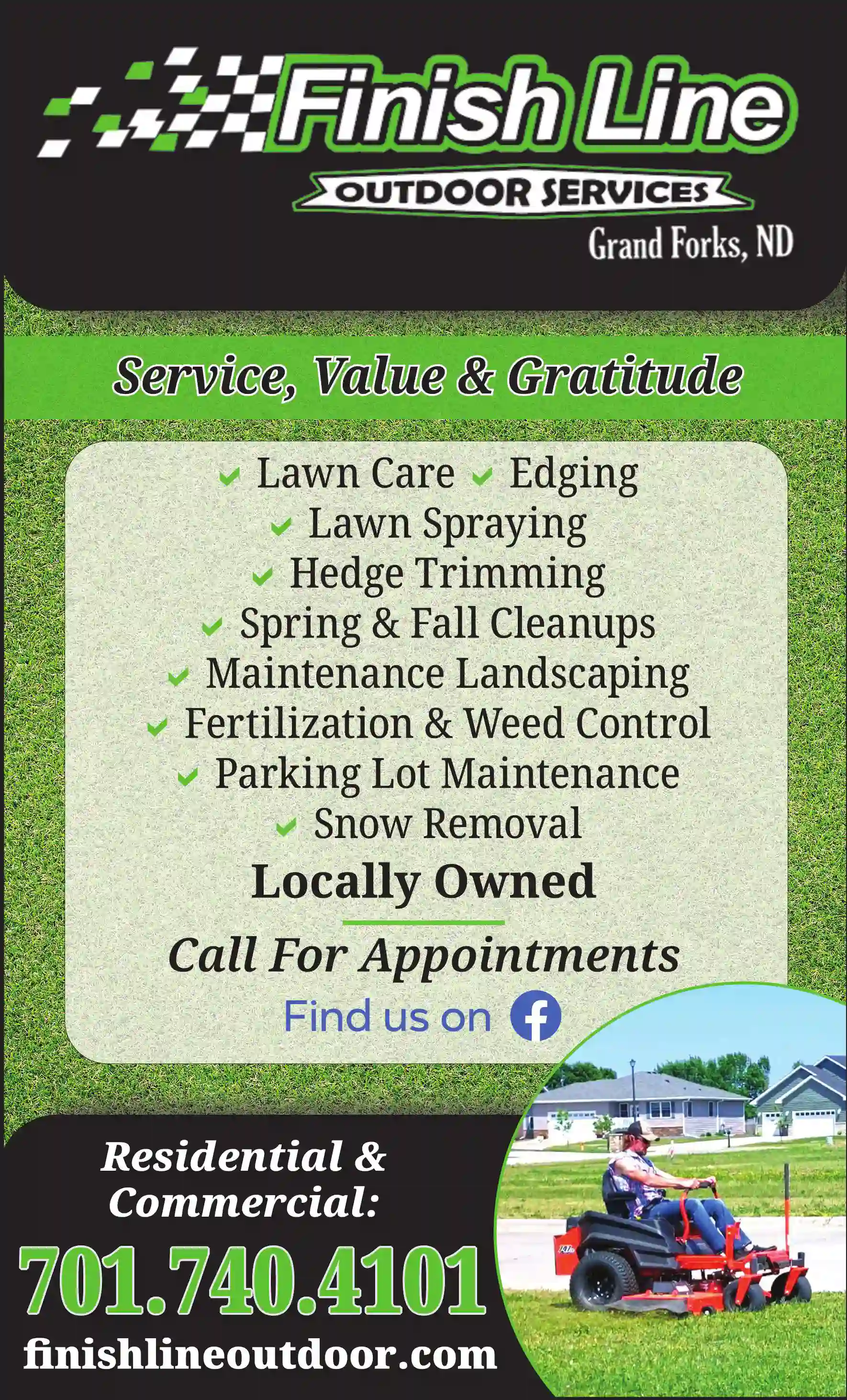 Lawn & Grounds Maintenance print ad for Finish Line Outdoor Services