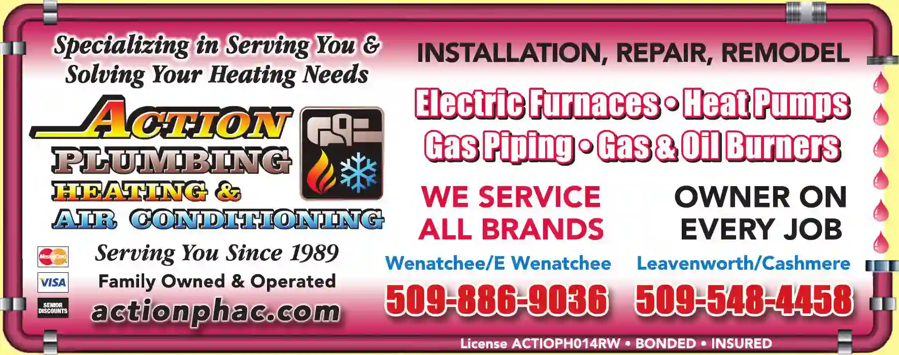 Heating Contractors print ad for Action Plumbing Heating & Air Conditioning