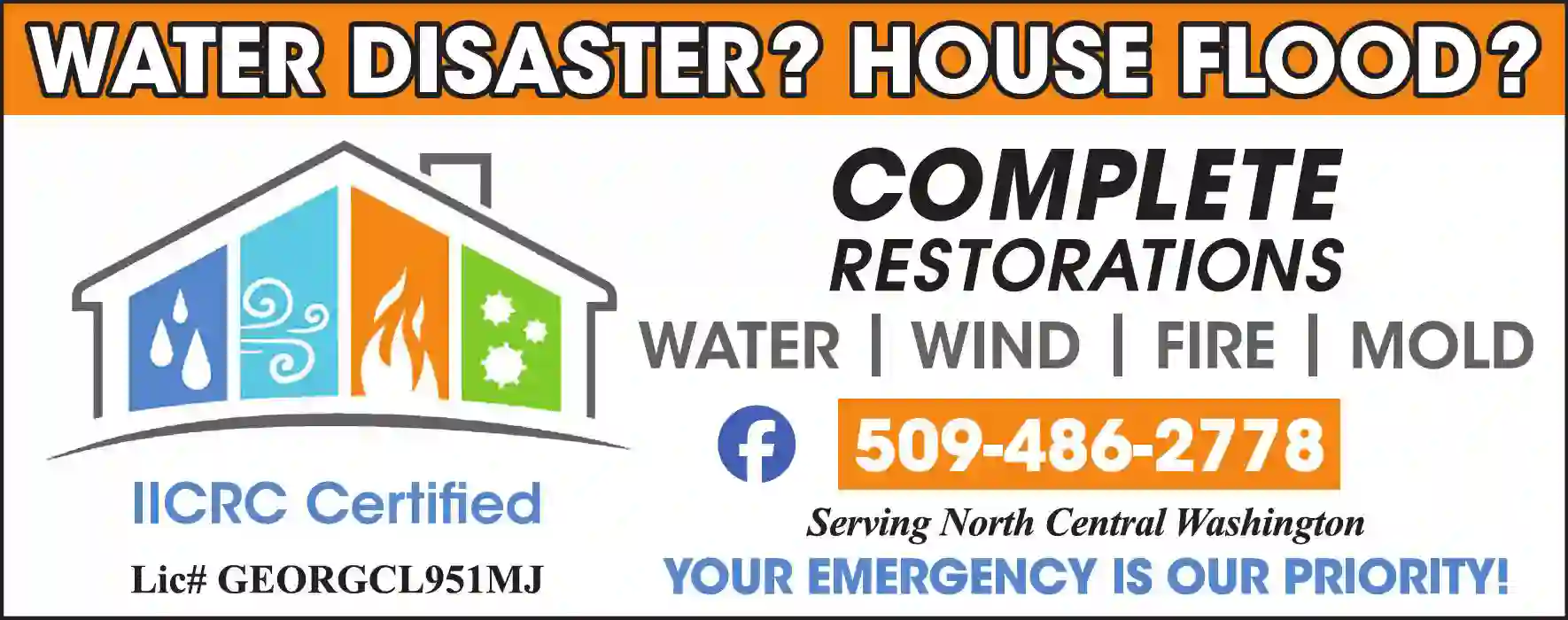 Fire & Water Damage Restoration print ad for Complete Restorations