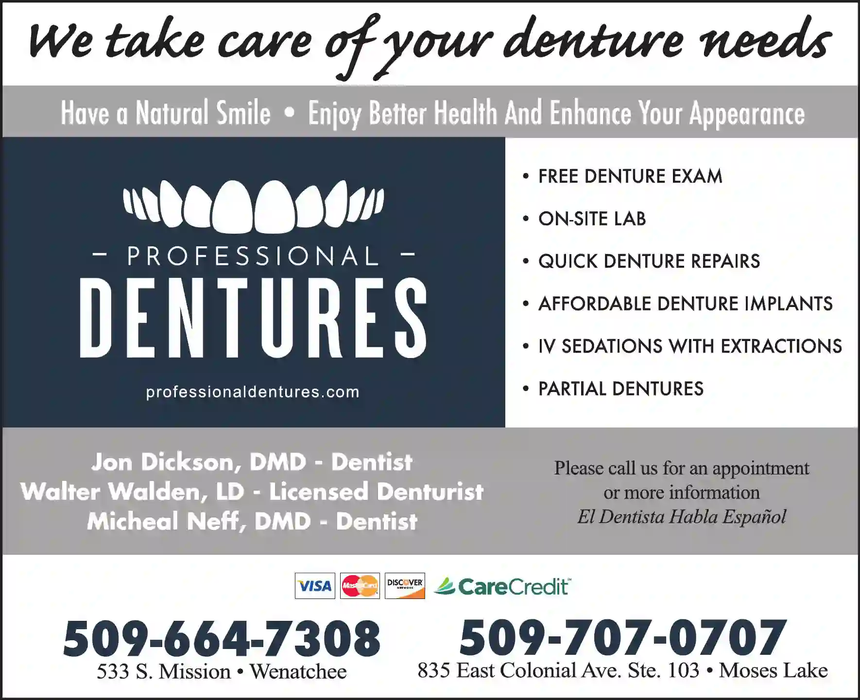Denturists print ad for Professional Denture Center