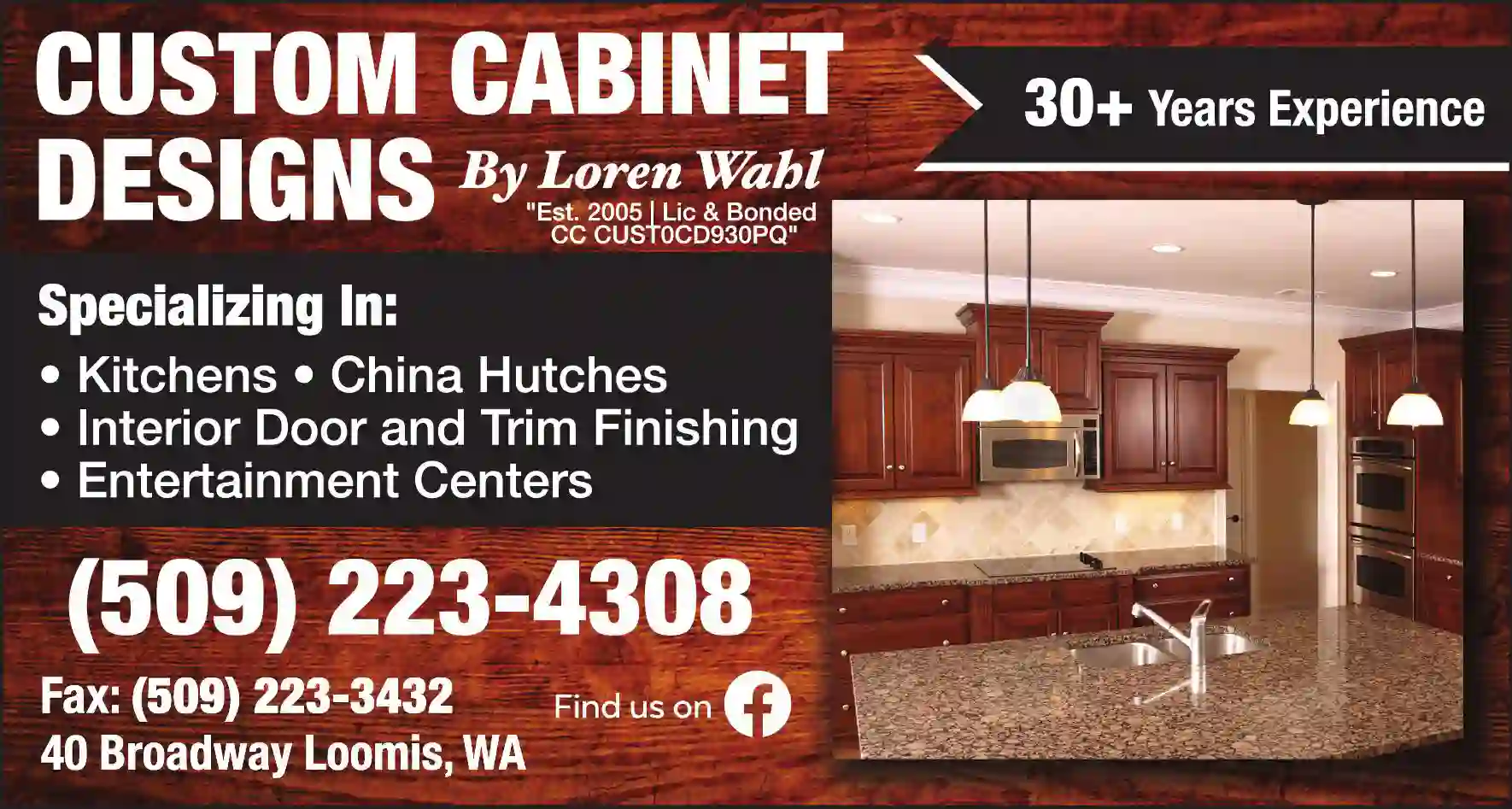Cabinets & Cabinet Makers print ad for Custom Cabinet Designs By Loren Wahl