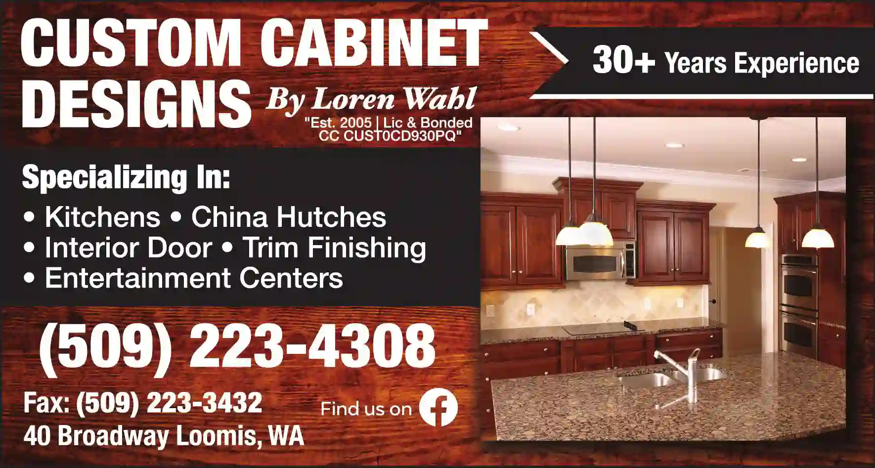 Kitchen Cabinets & Equipment print ad for Custom Cabinet Designs By Loren Wahl