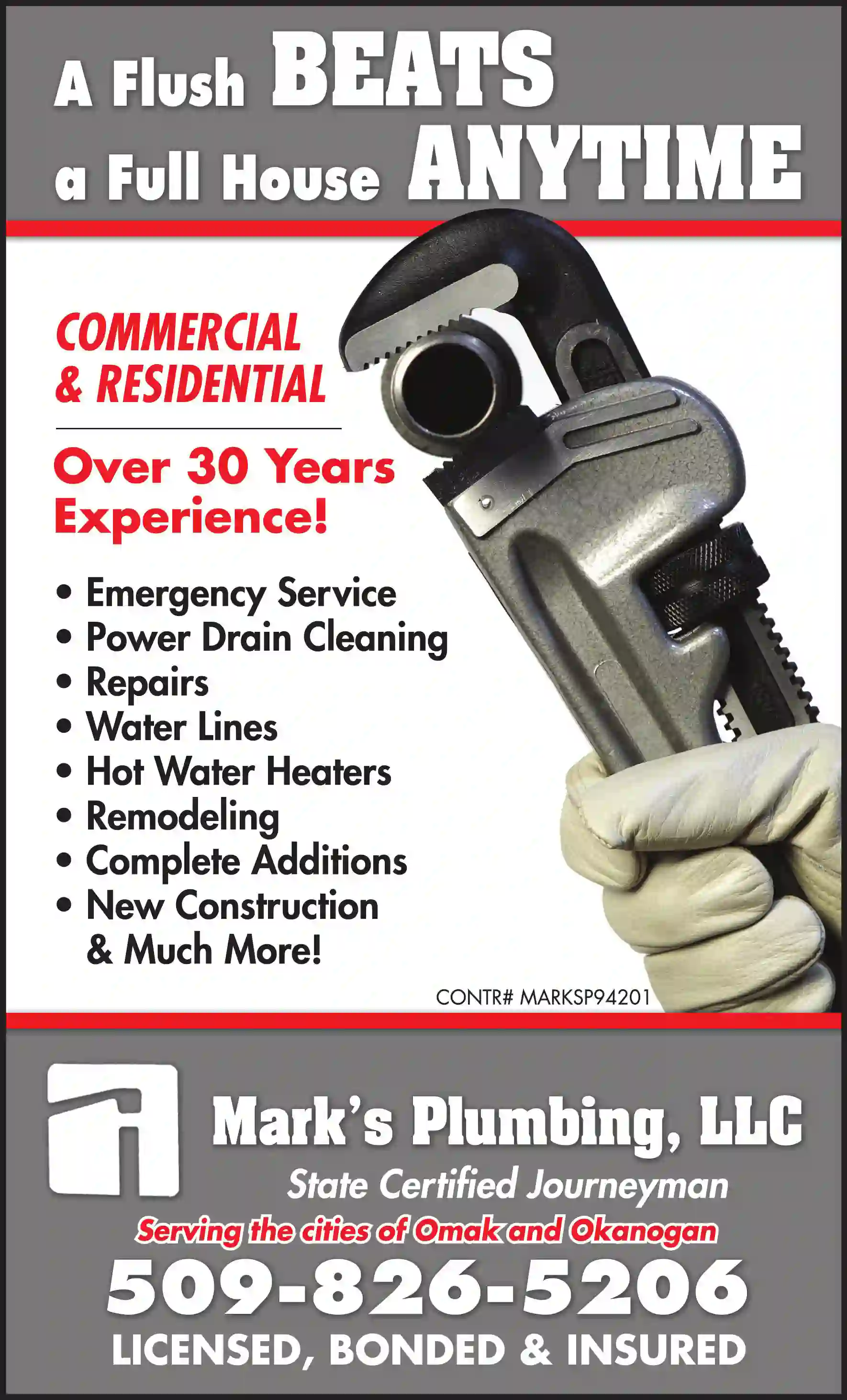 Plumbing Contractors print ad for Mark's Plumbing LLC