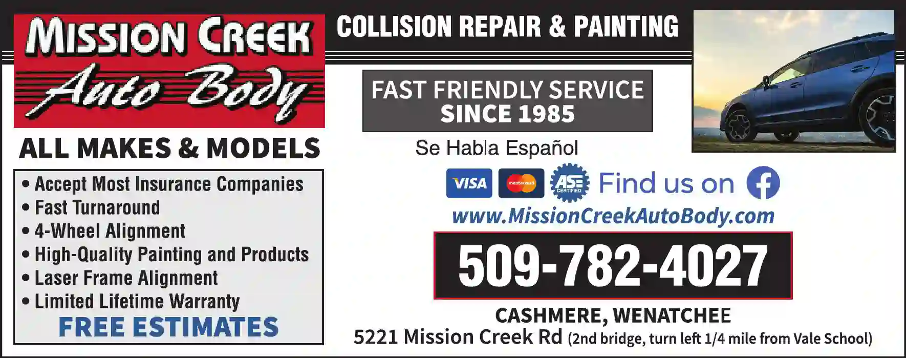 Auto Body Repair & Paint print ad for Mission Creek Auto Body