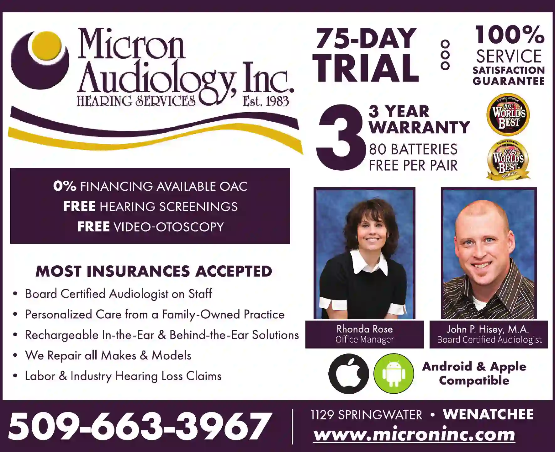 Audiologists print ad for Micron Audiology Inc