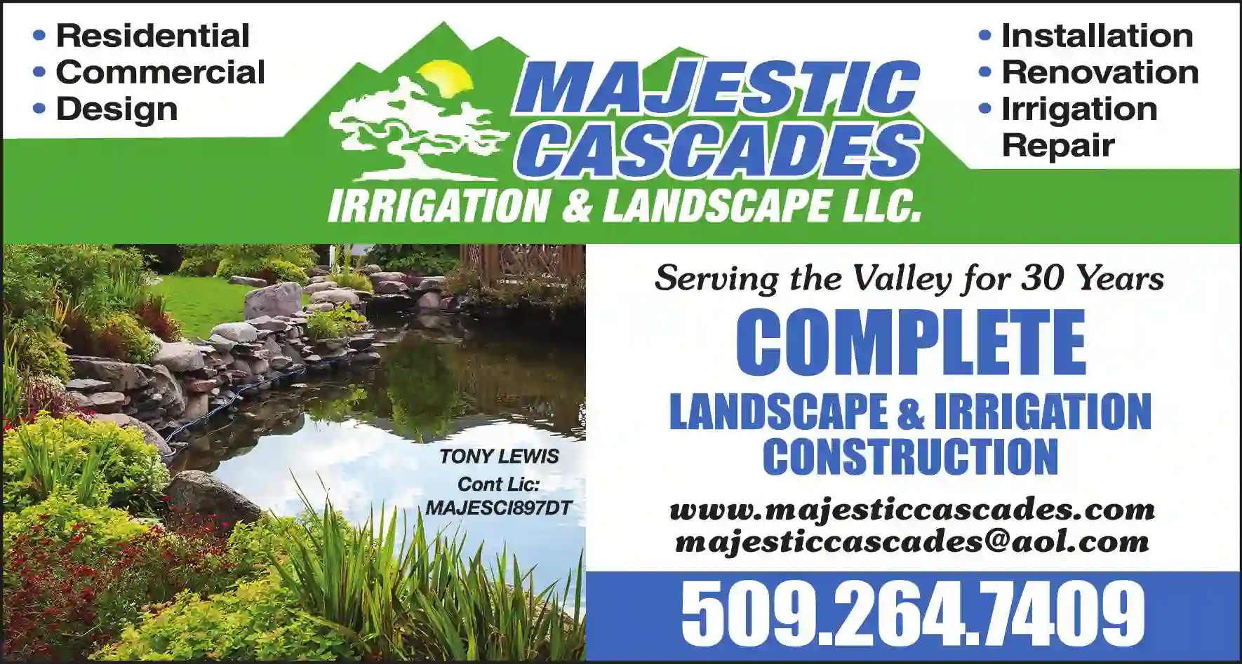 Irrigation Systems & Equipment print ad for Majestic Cascades Irrigation & Landscaping LLC