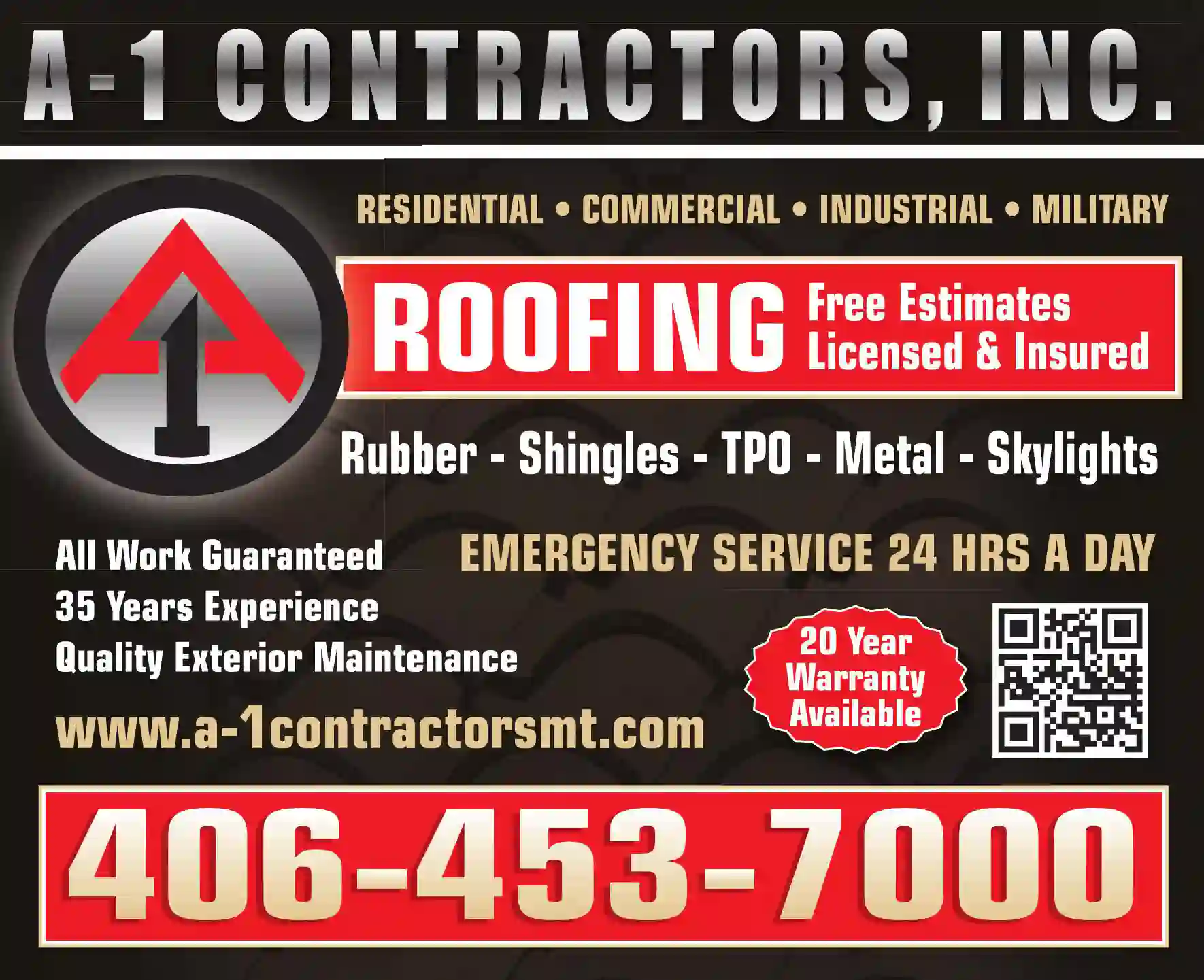 Roofing Contractors print ad for A-1 Contractors Inc
