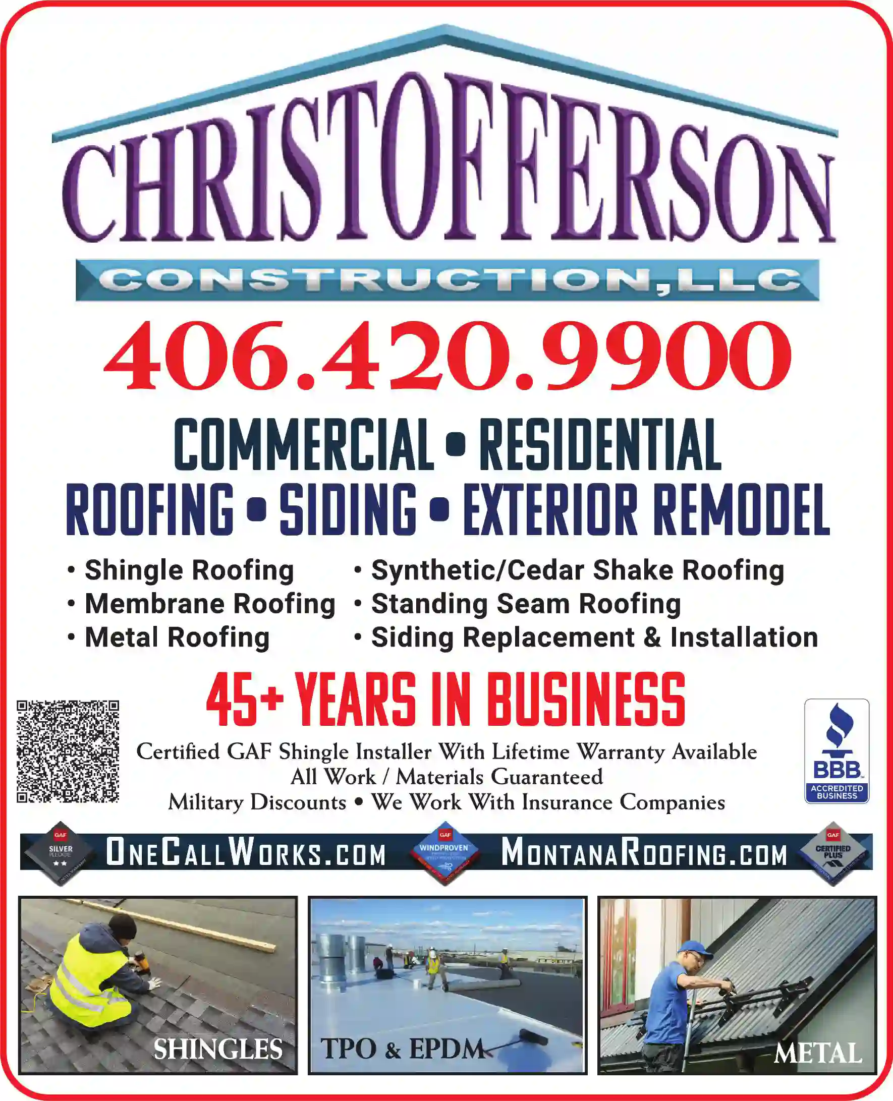 Roofing Contractors print ad for Christofferson Construction LLC