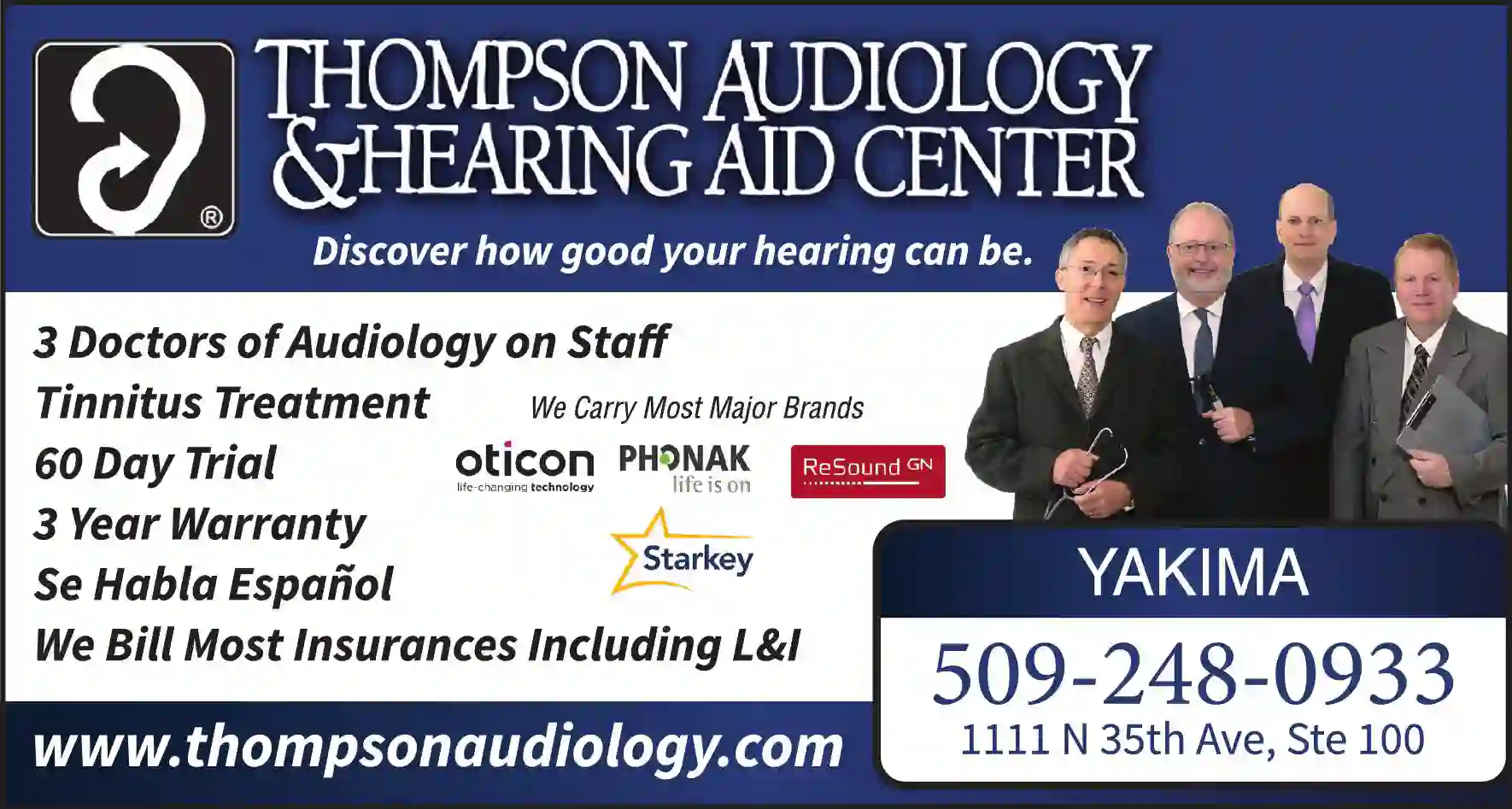 Audiologists print ad for Thompson Audiology & Hearing Center