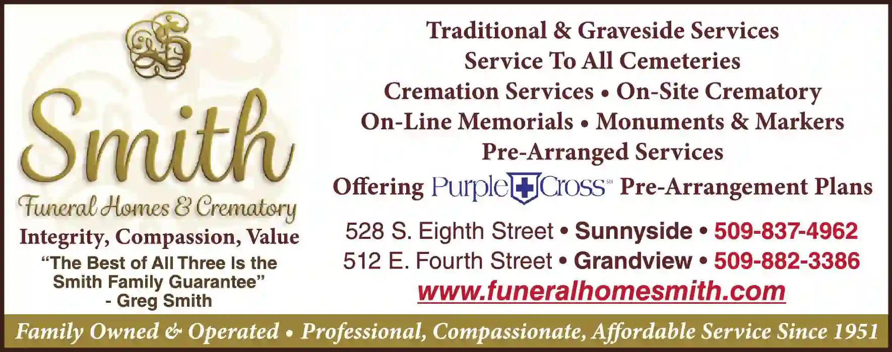 Cremation Services print ad for Smith Funeral Homes