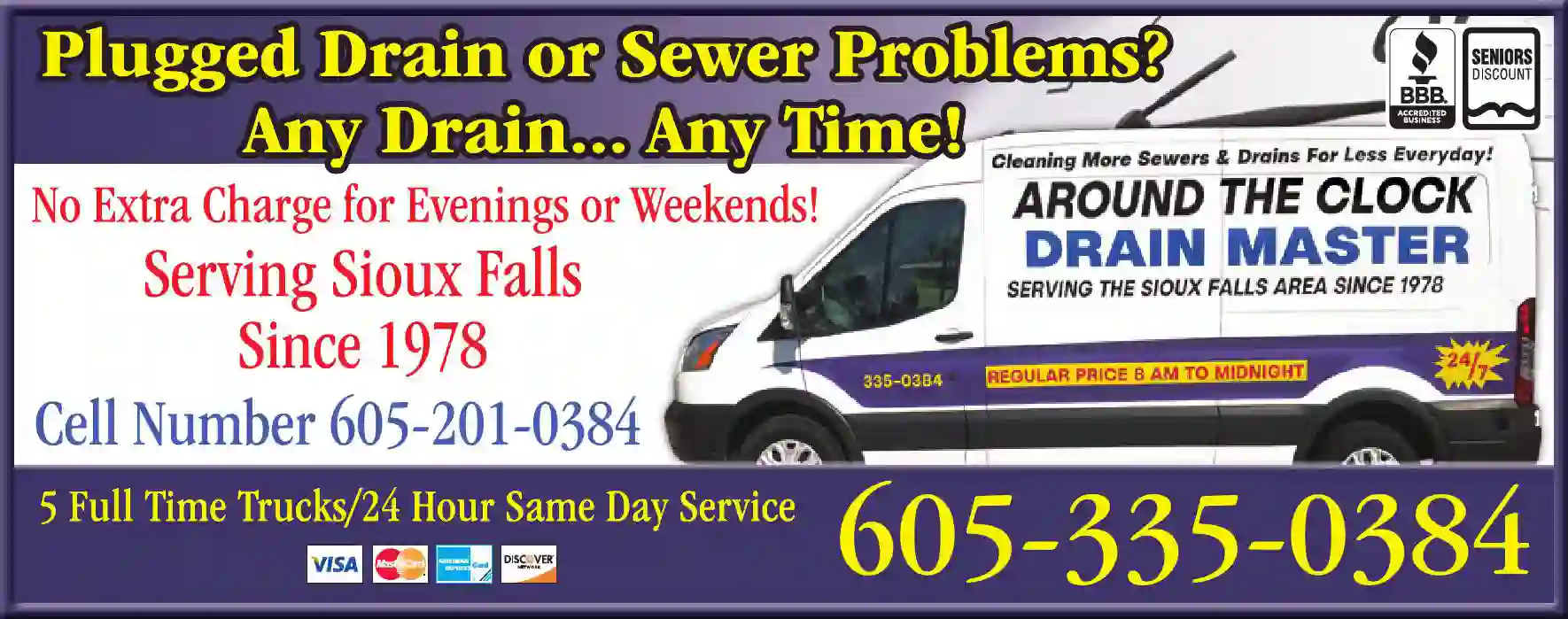 Sewer Contractors & Cleaners print ad for Around The Clock Drain Master LLC