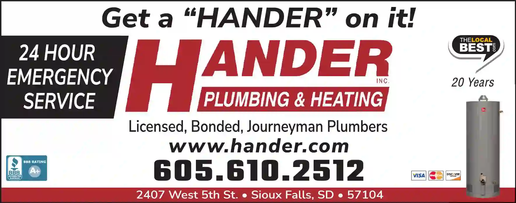 Water Heaters - Dealers print ad for Hander Inc Plumbing & Heating