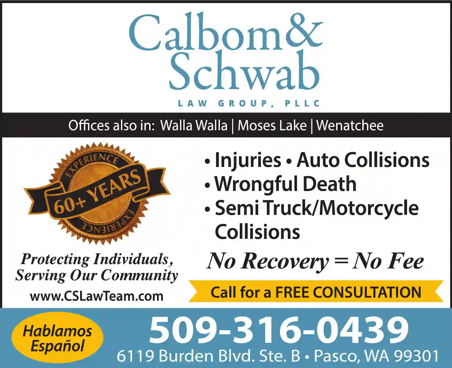 Attorneys print ad for Calbom & Schwab Law Group PLLC