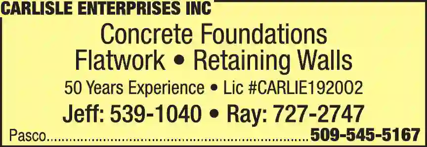 Concrete Contractors print ad for Carlisle Enterprises Inc