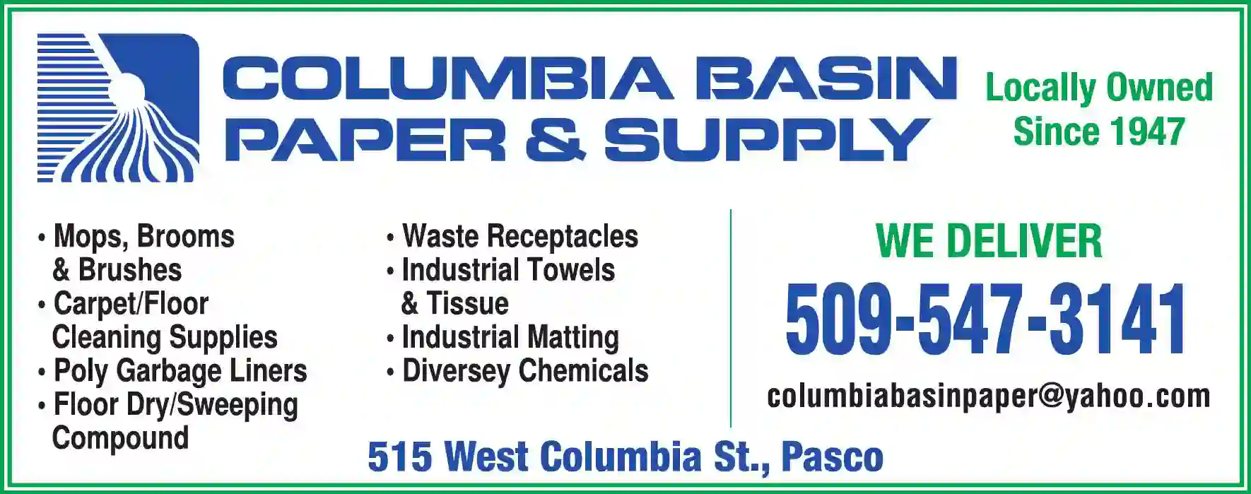Janitorial Equipment & Supplies print ad for Columbia Basin Paper & Supply