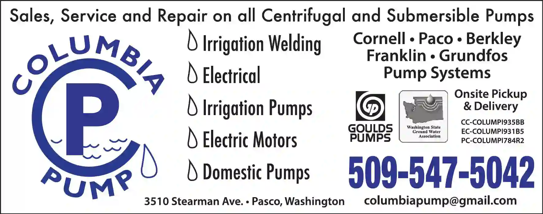 Pumps - Service & Repair print ad for Columbia Pump Inc