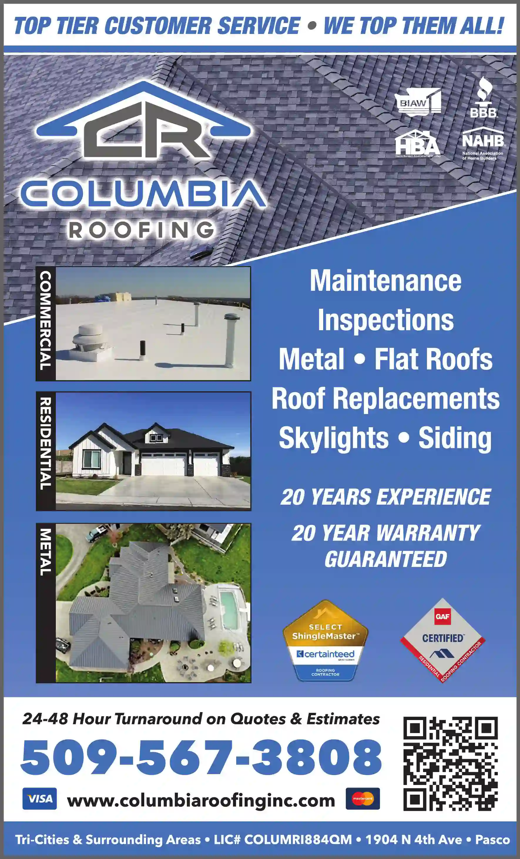 Roofing Contractors print ad for Columbia Roofing Inc