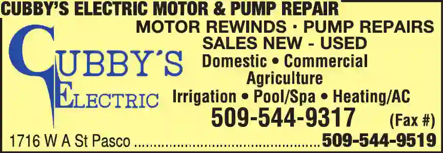 Electric Motors - Sales, Repair & Parts print ad for Cubby's Electric Motor & Pump Repair