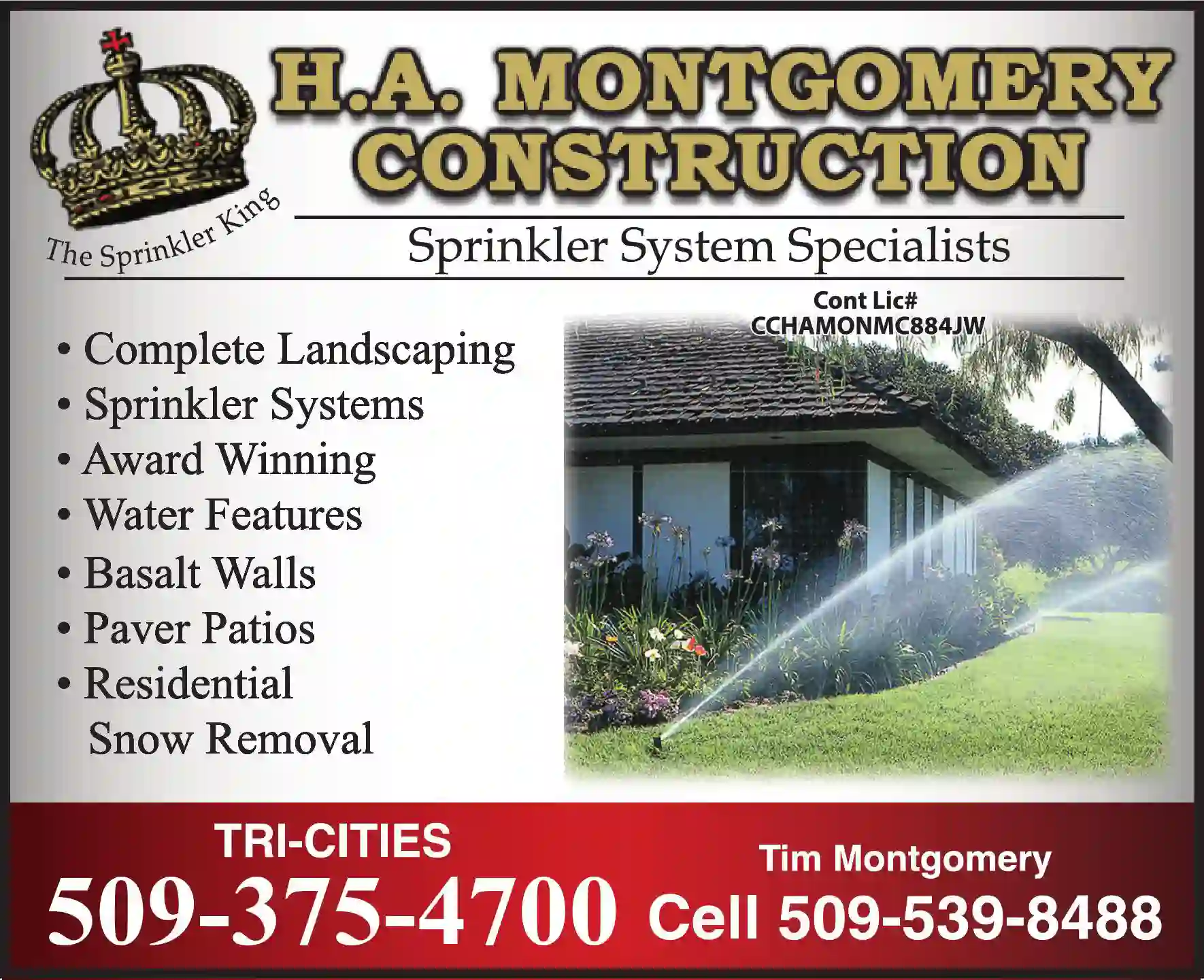 Landscape Contractors print ad for Montgomery Construction Sprinkler Systems Specialists