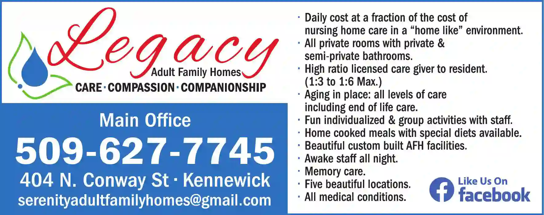 Assisted Living Facilities print ad for Legacy Adult Family Homes