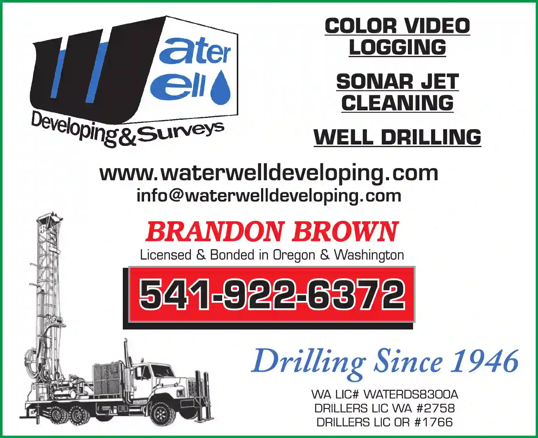Well Drilling & Service print ad for Waterwell Developing & Surveys LLC