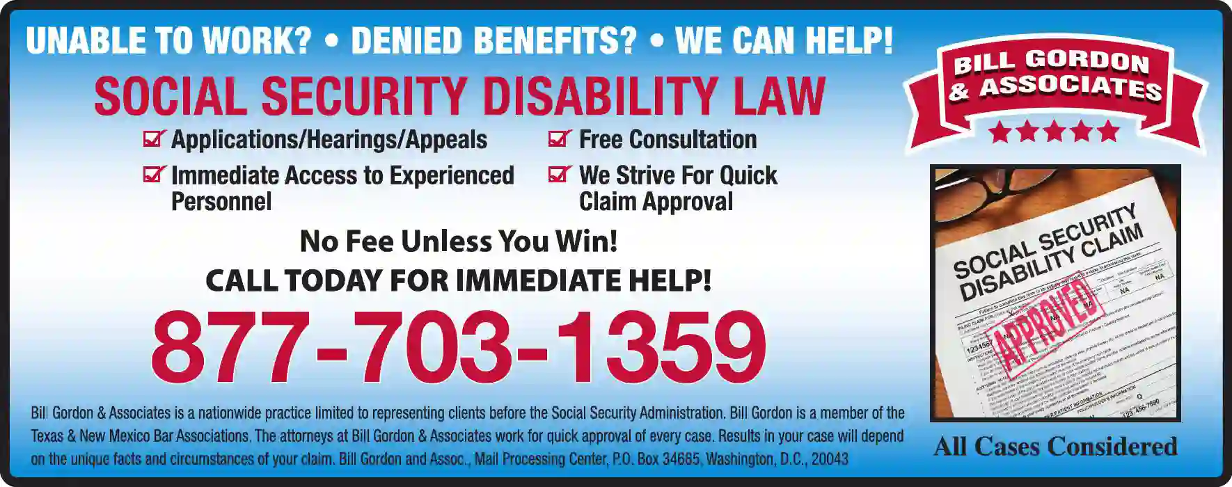 Attorneys - Social Security print ad for Bill Gordon & Associates