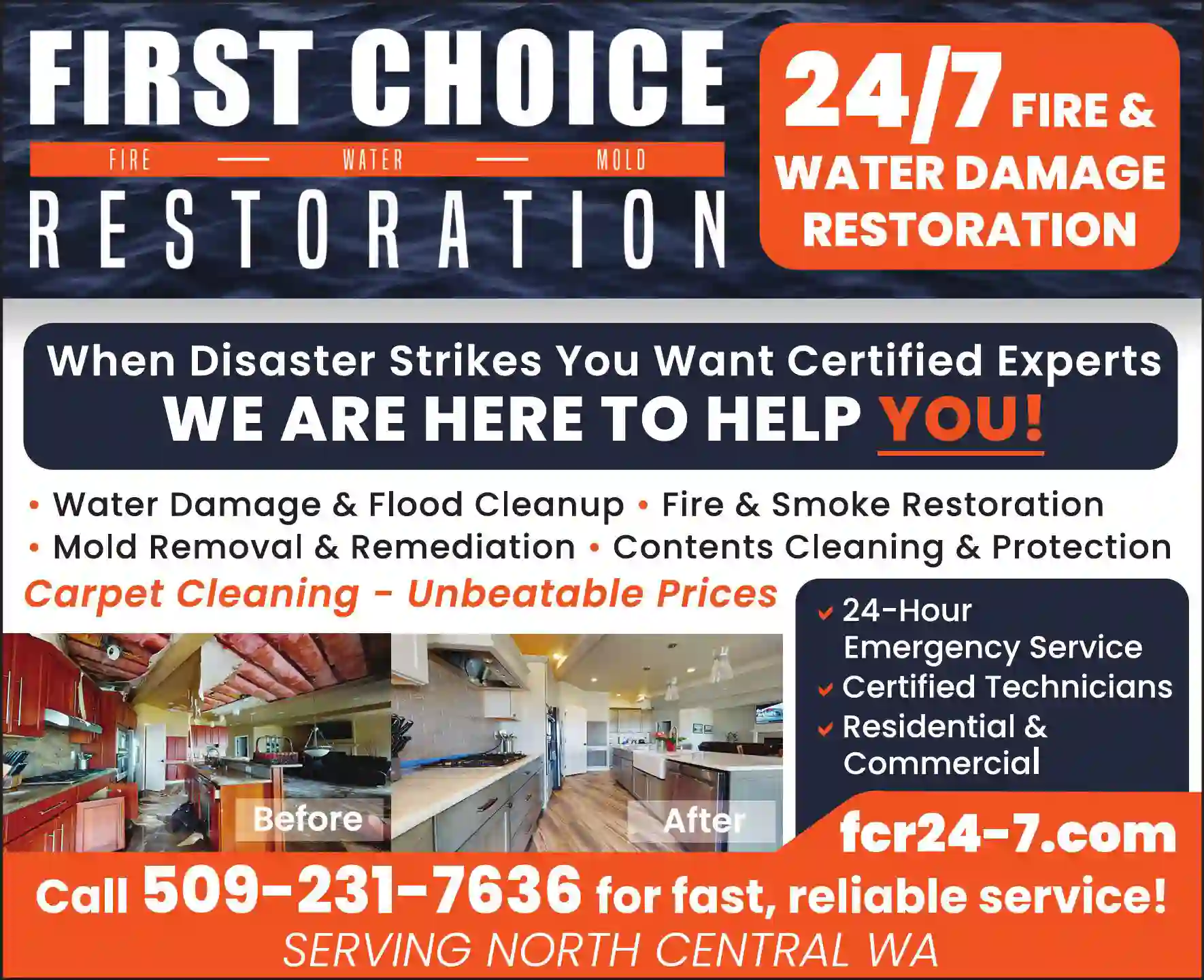 Fire & Water Damage Restoration print ad for First Choice Restoration