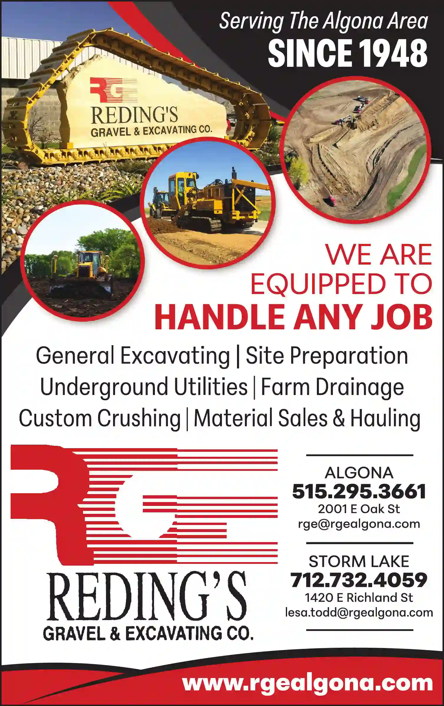 Excavating Contractors print ad for Reding's Gravel & Excavating Co