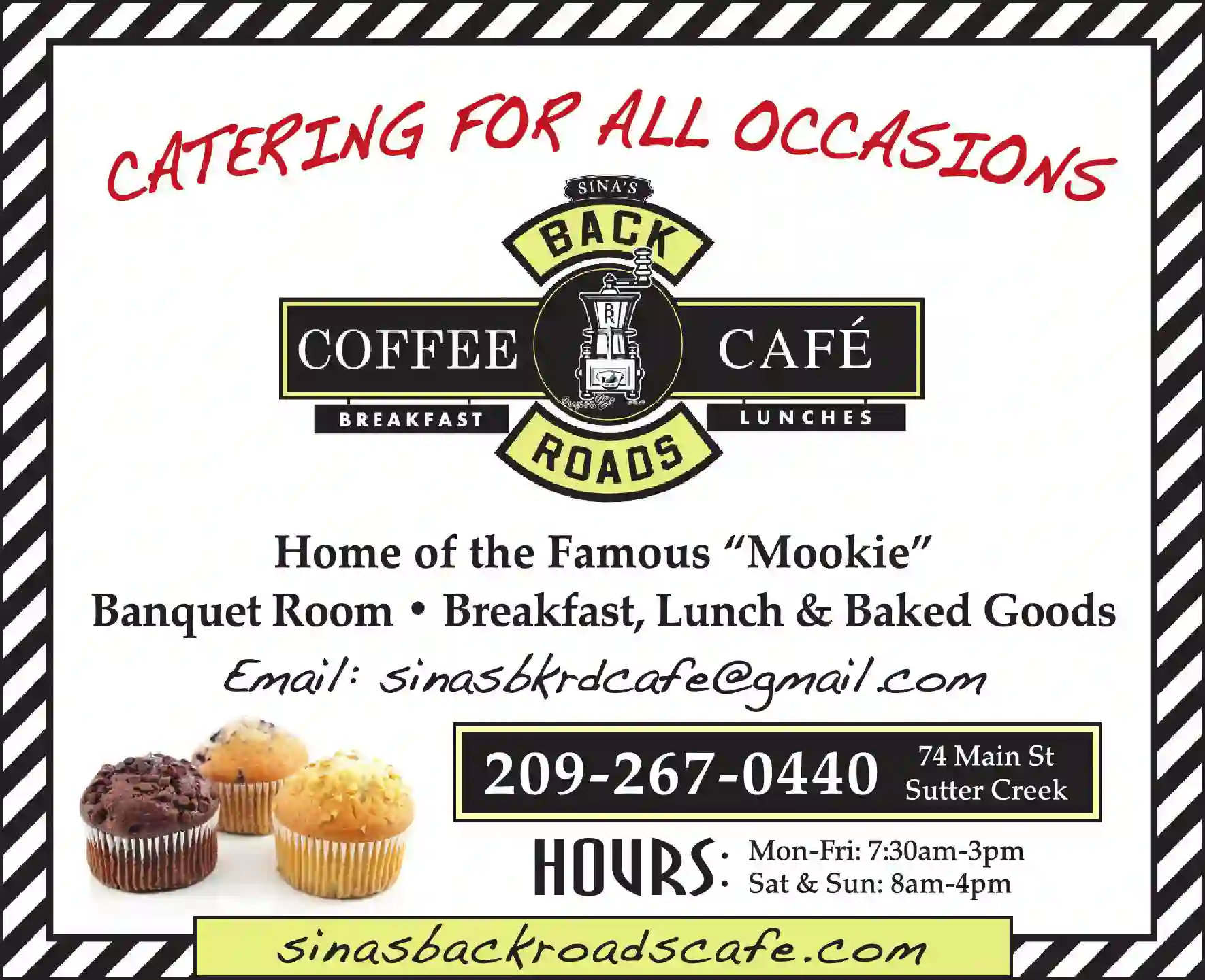 Restaurants print ad for Sina's Backroads Cafe