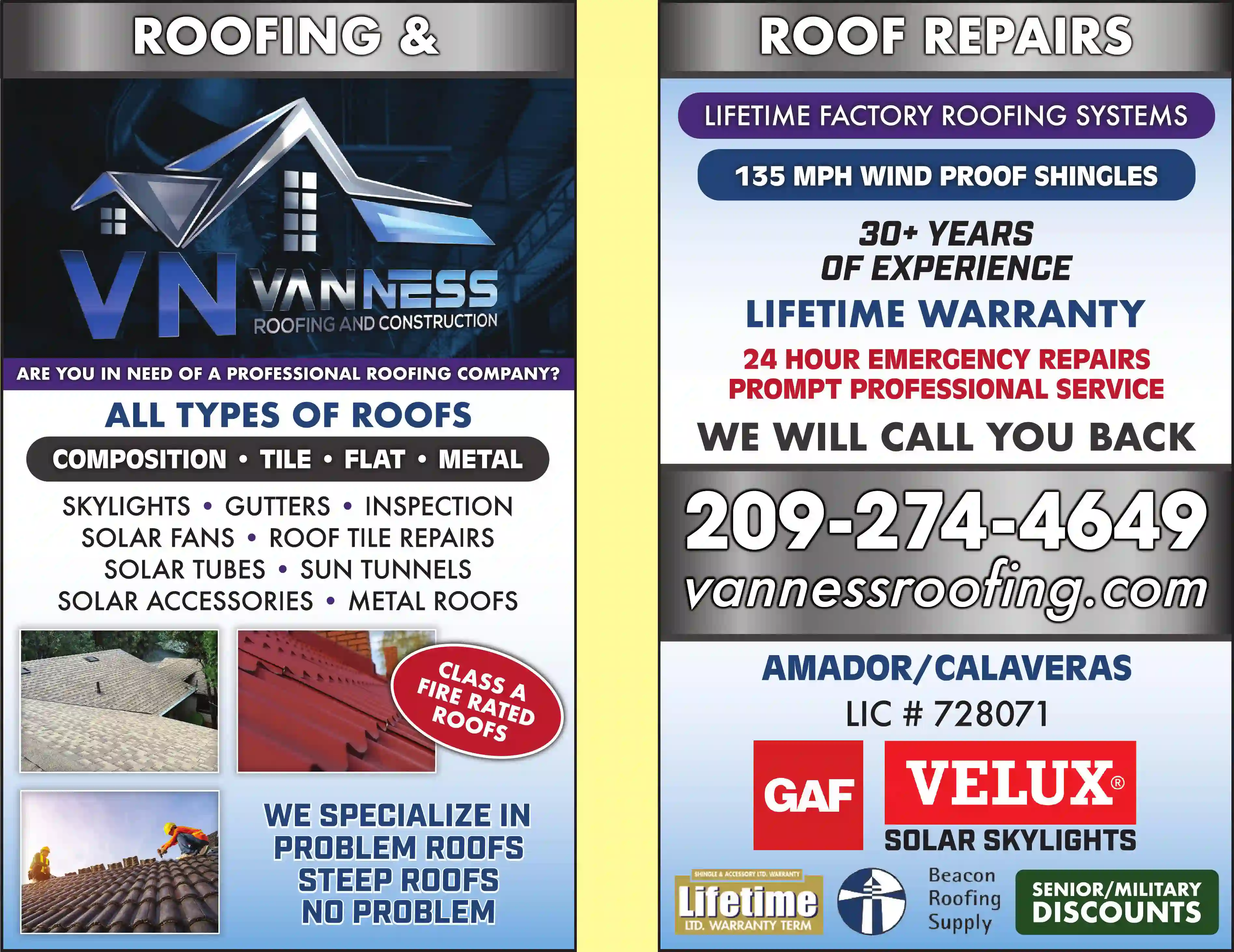 Roofing Contractors print ad for Van Ness Roofing & Construction