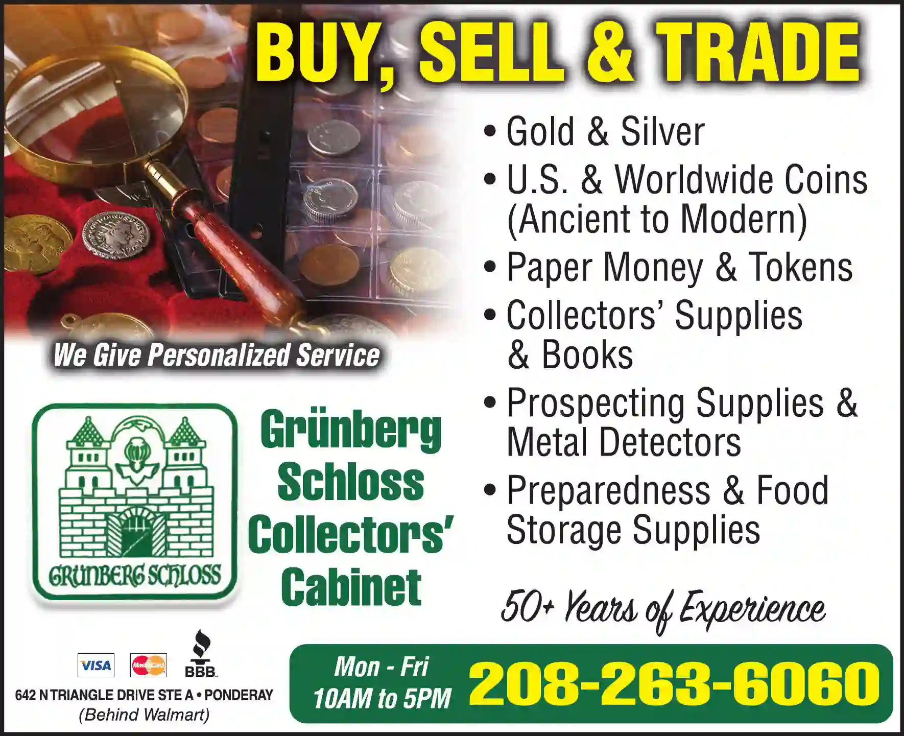 Coin Dealers Supplies, Etc. print ad for Grunberg Schloss Collectors Cabinet