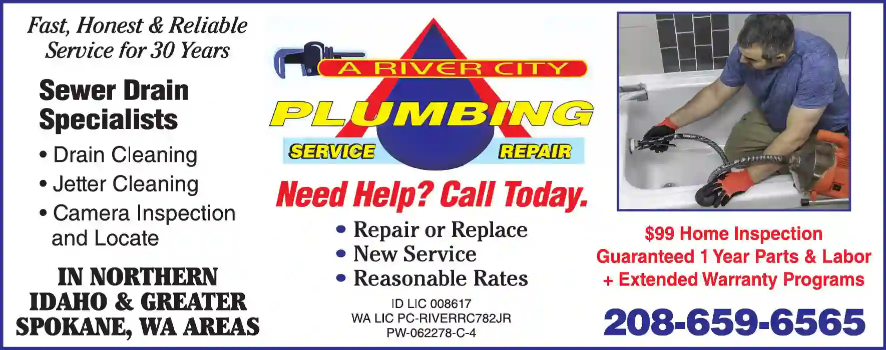 Sewer & Drain Cleaning, Services & Repairing print ad for A River City Plumbing Service
