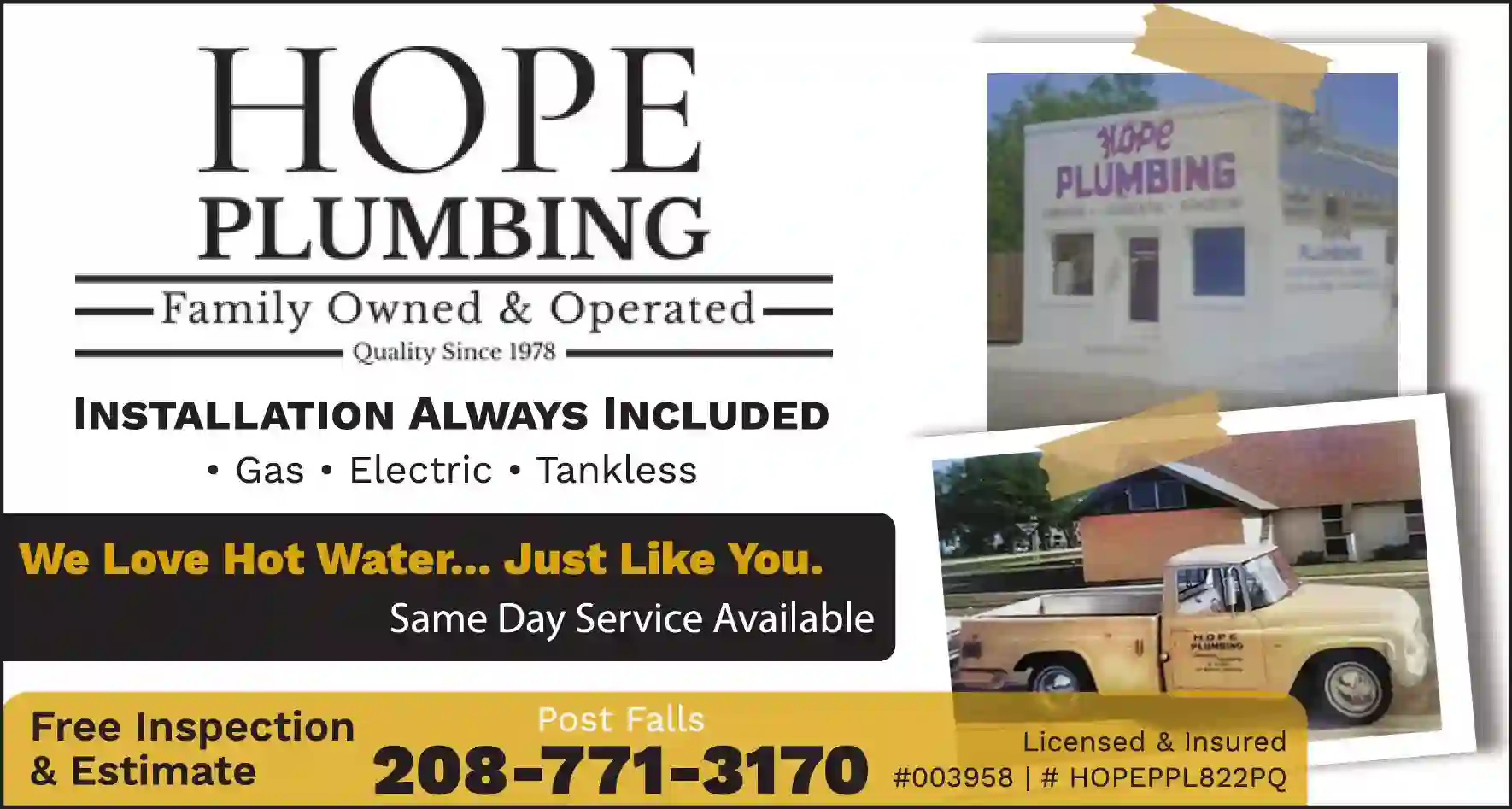 Water Heaters - Service & Repair print ad for Hope Plumbing