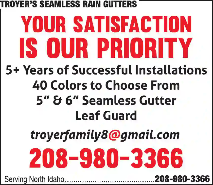 Gutters & Downspouts print ad for Troyer's Seamless Rain Gutters