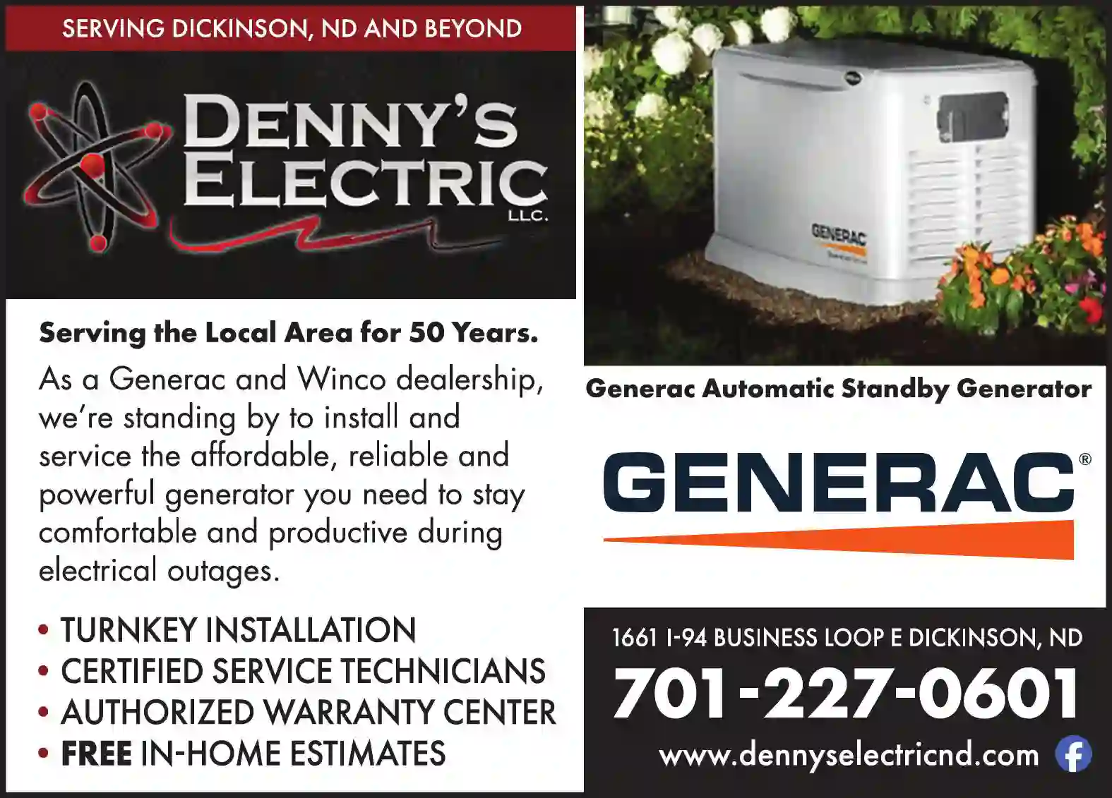 Generators print ad for Denny's Electric LLC