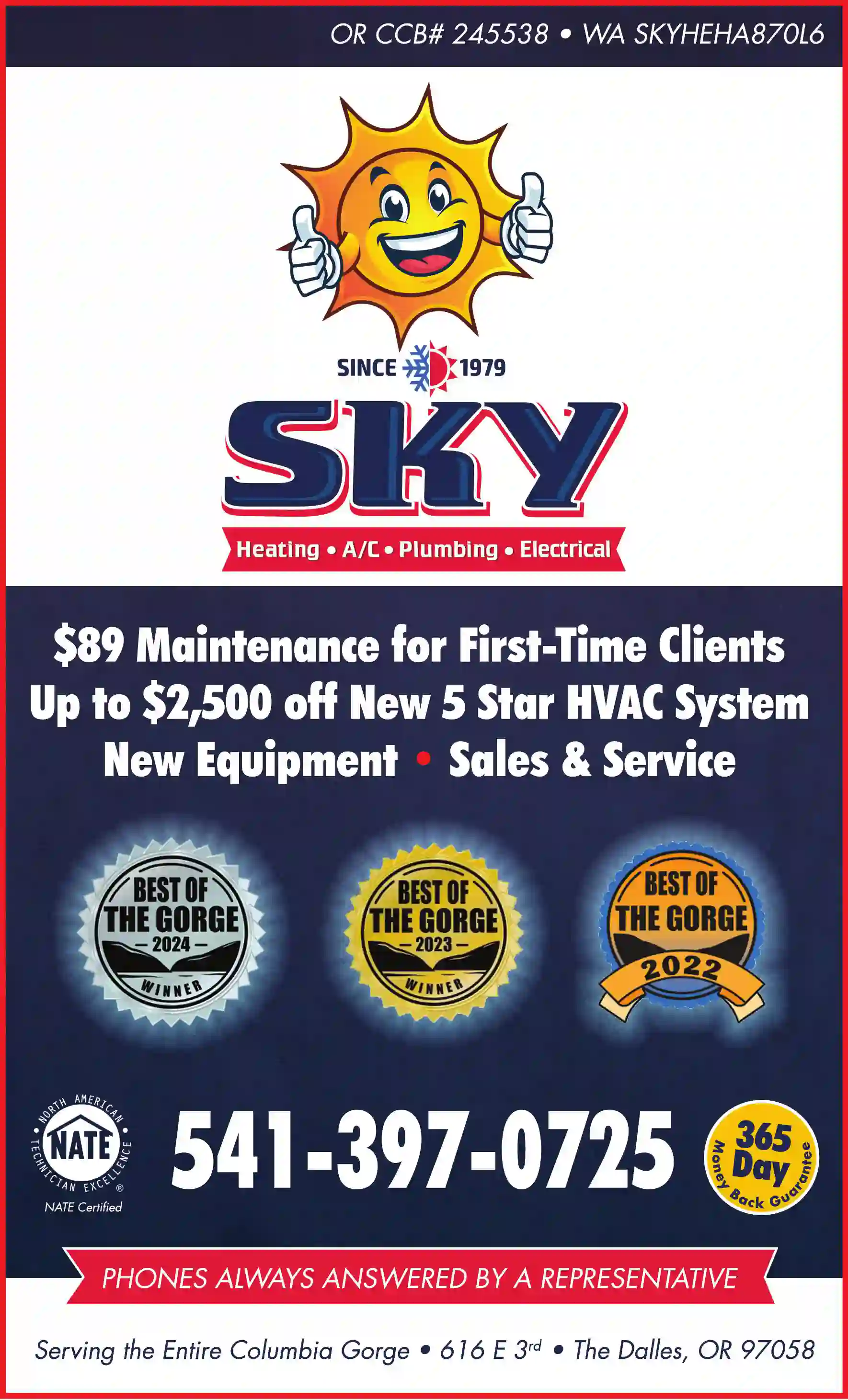 Plumbing Contractors print ad for Sky Heating ^ A/C ^ Plumbing ^ Electrical