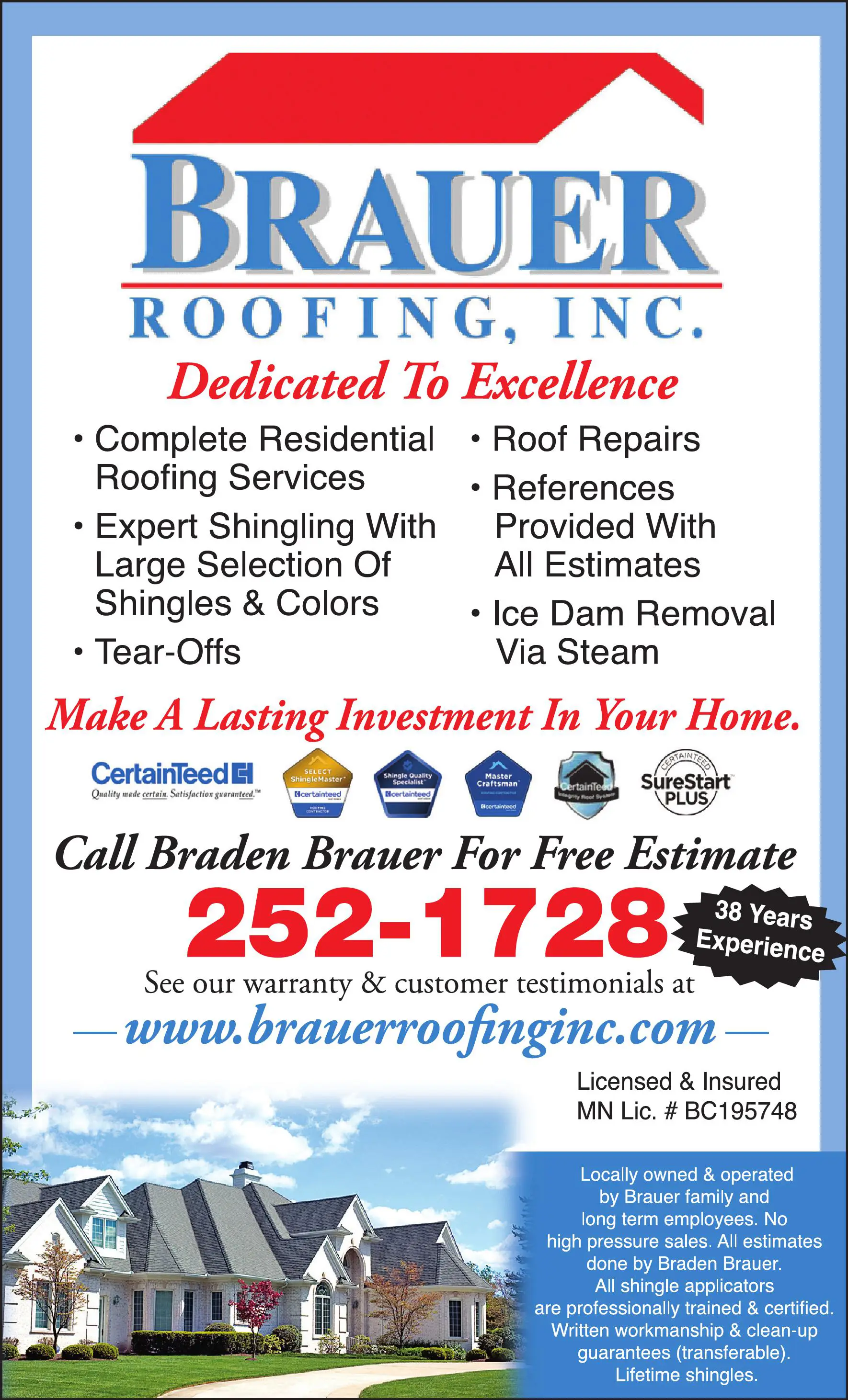 Roofing Contractors print ad for Brauer Roofing Inc