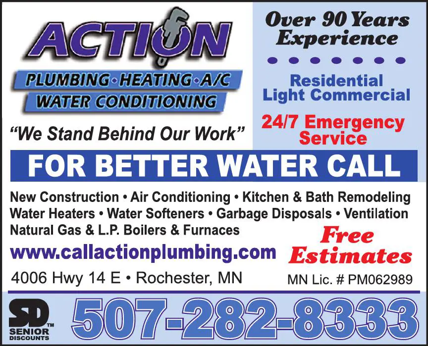 Water Softening & Conditioning Equipment - Service & Supplies print ad for Action Plumbing & Heating
