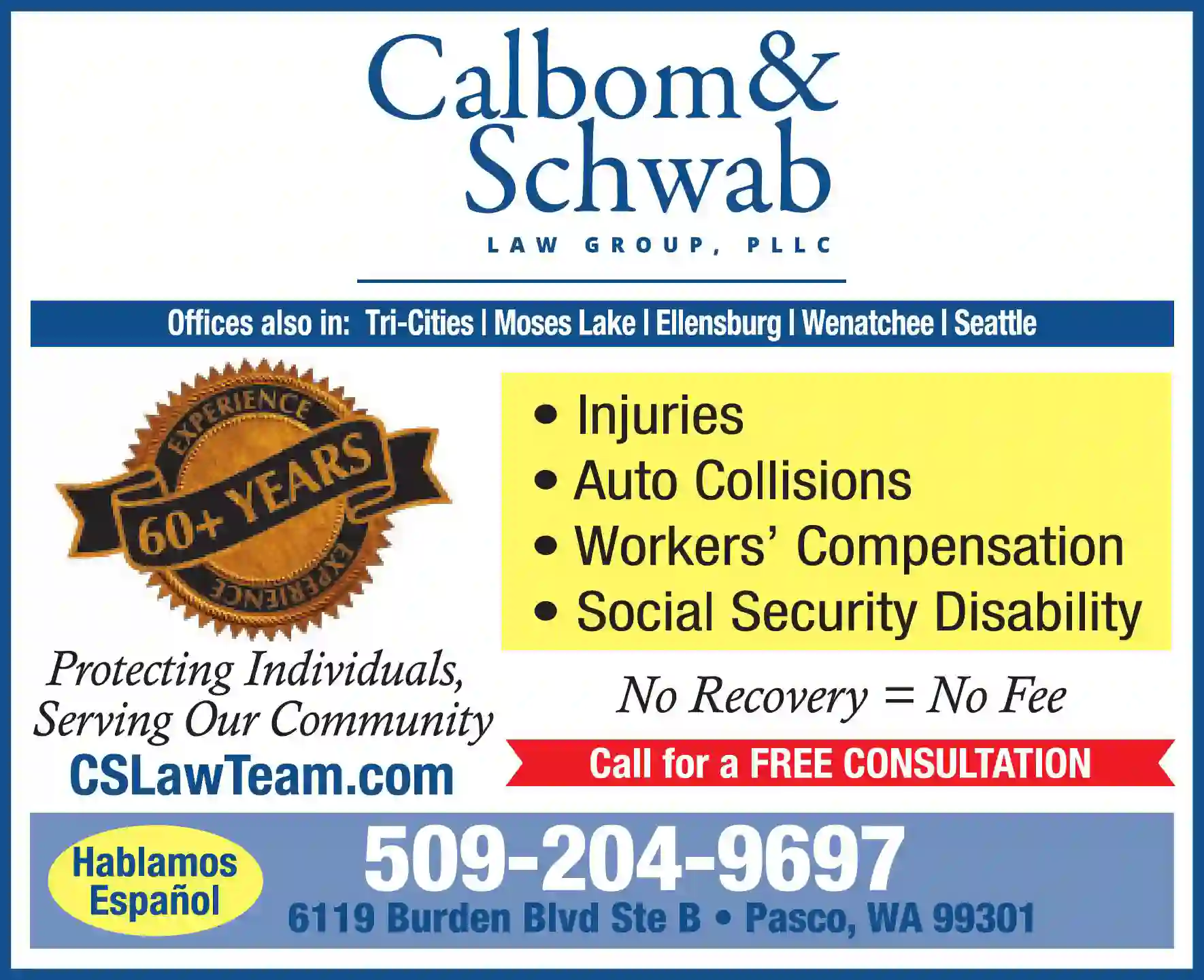 Attorneys print ad for Calbom & Schwab Law Group PLLC