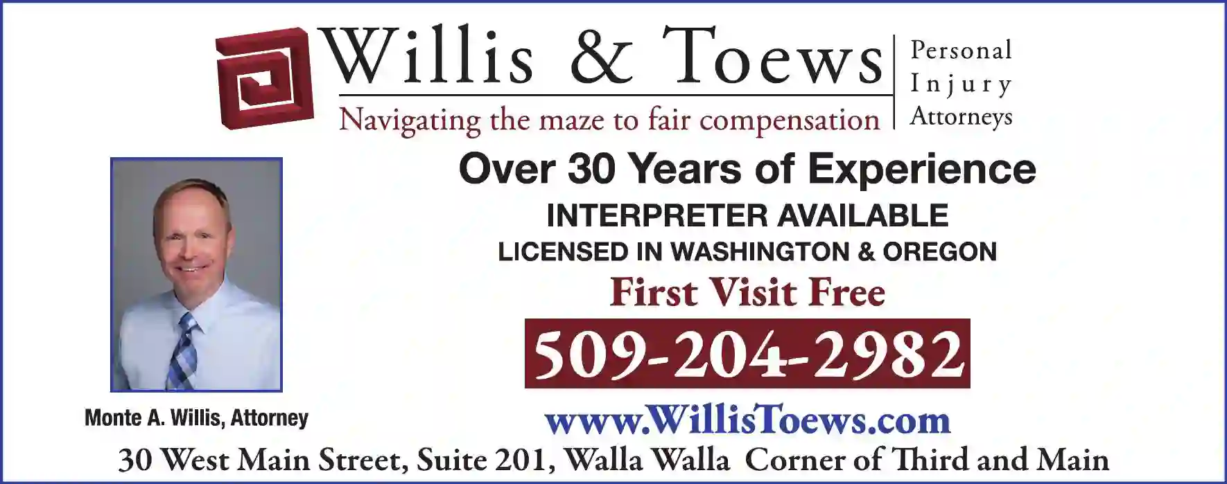 Attorneys print ad for Willis & Toews PLLC