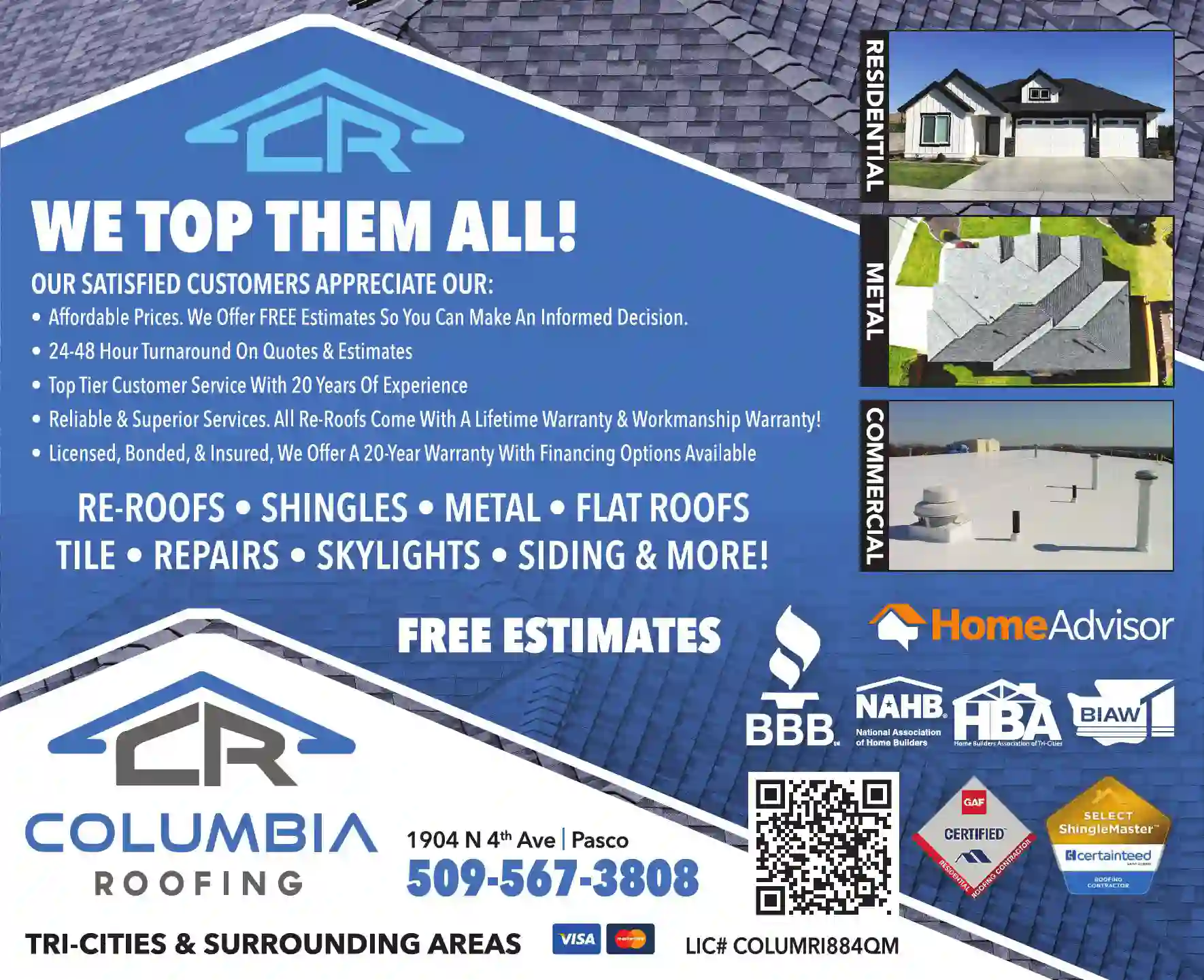 Roofing Contractors print ad for Columbia Roofing Inc