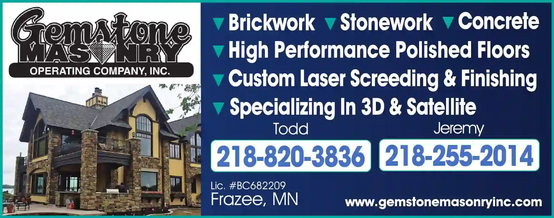Concrete Contractors print ad for Gemstone Masonry Operating Company Inc