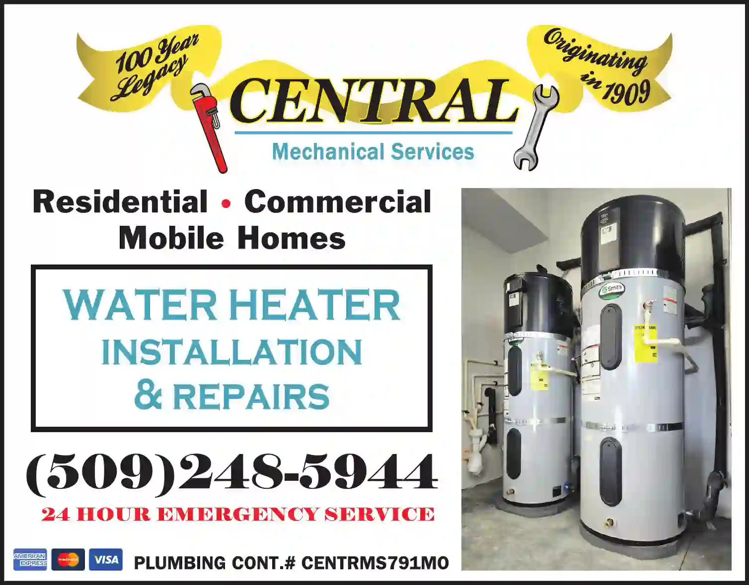 Water Heaters - Service & Repair print ad for Central Mechanical Services