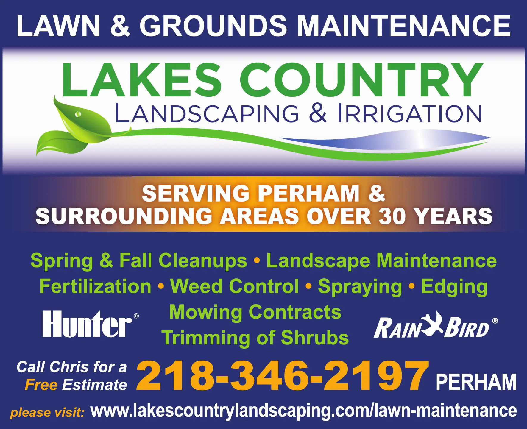 Lawn & Grounds Maintenance print ad for Lakes Country Landscaping & Irrigation