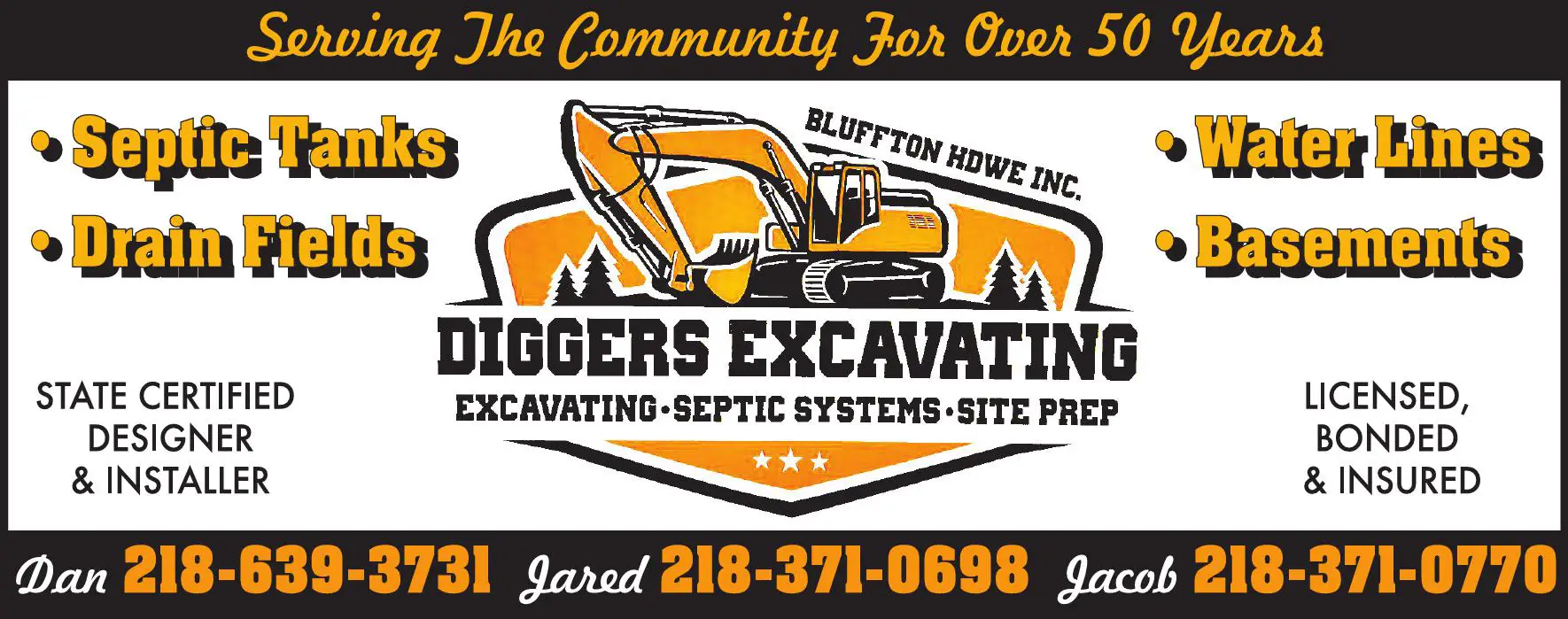 Septic Tanks & Systems - Contractors, Designers & Dealers print ad for Bluffton Hardware Inc ^ Diggers Excavating