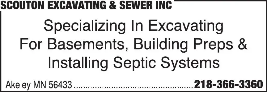 Septic Tanks & Systems - Contractors, Designers & Dealers print ad for Scouton Excavating & Sewer Inc