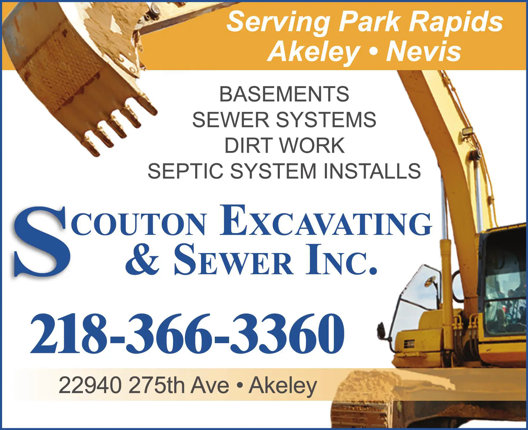Excavating Contractors print ad for Scouton Excavating & Sewer Inc