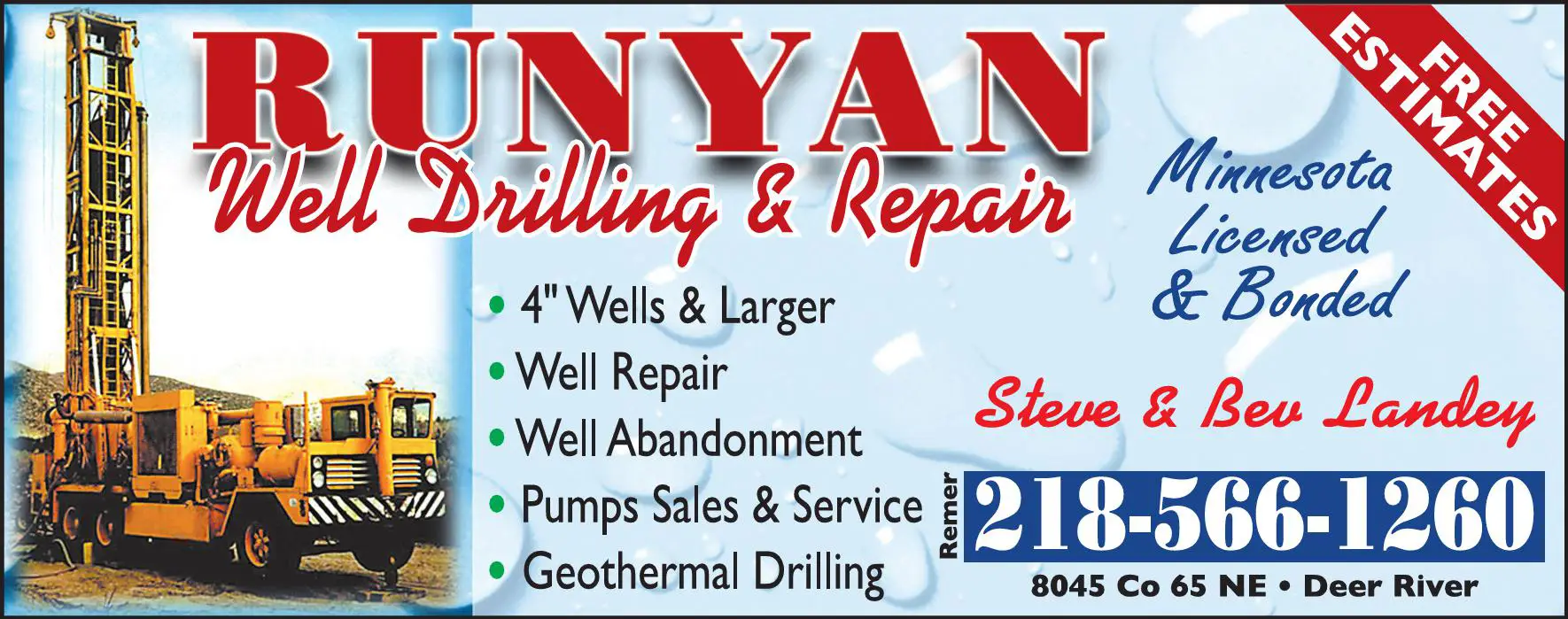 Well Drilling & Service print ad for Runyan Well Drilling & Repair
